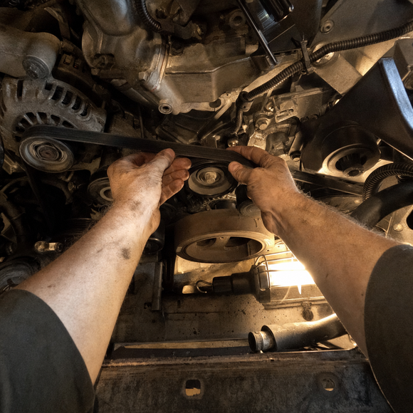 Mechanic wearing AutoVue camera earbuds while working on an engine