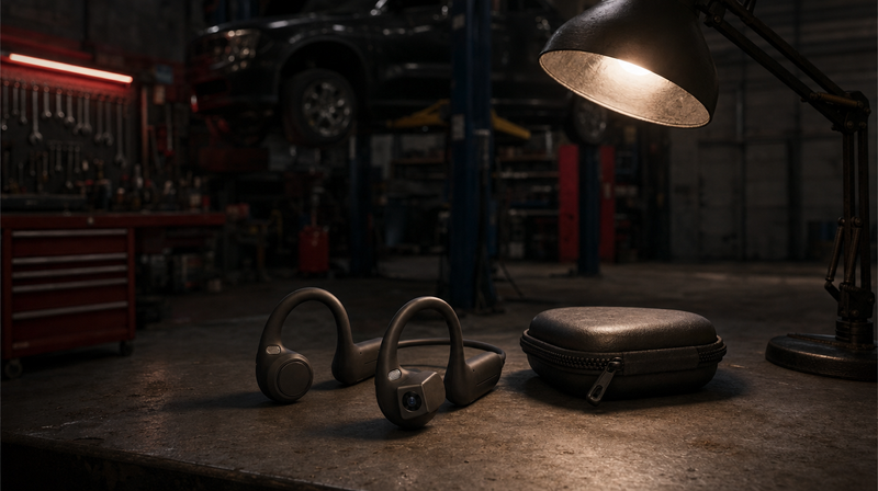 AutoVue earbuds and case on a workbench in a dark workshop
